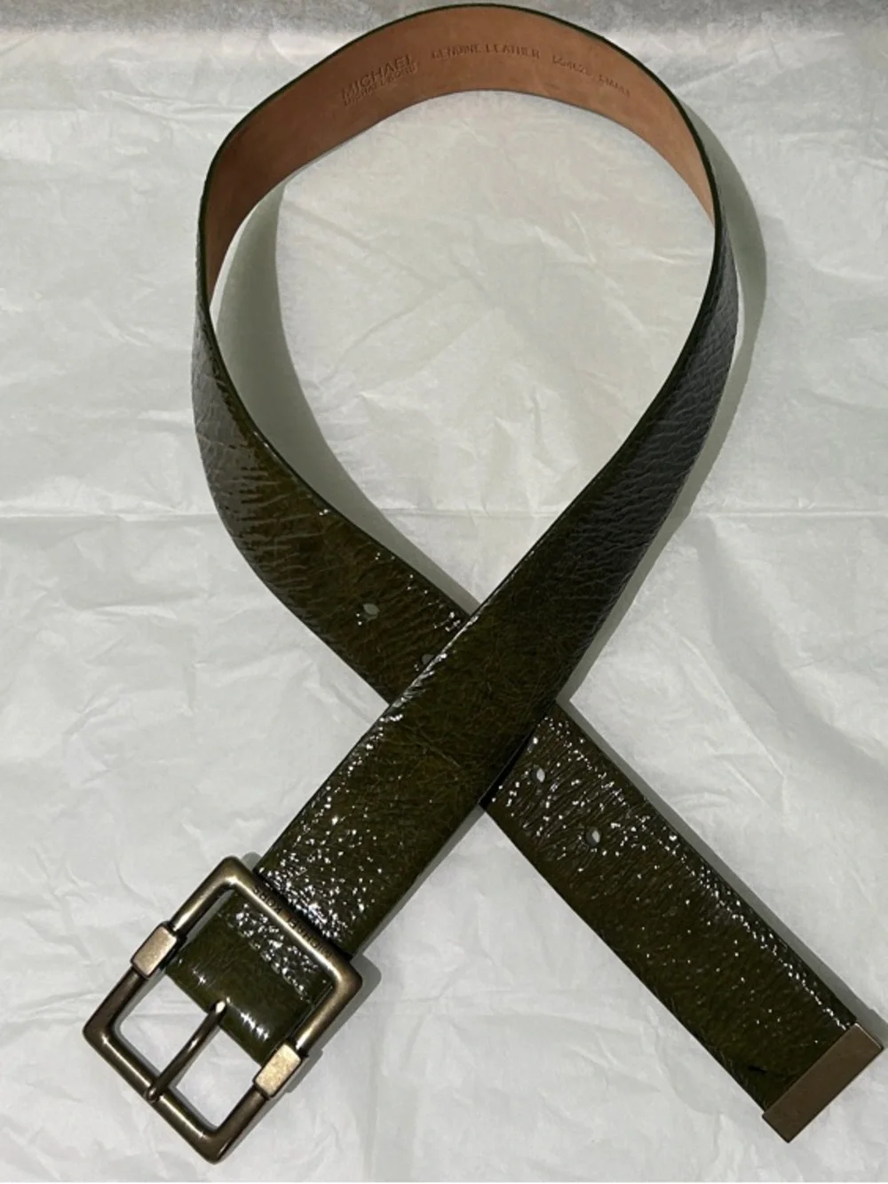 Michael Kors Olive Green Wide Crinkle Patent Leather Belt with Brass Buckle